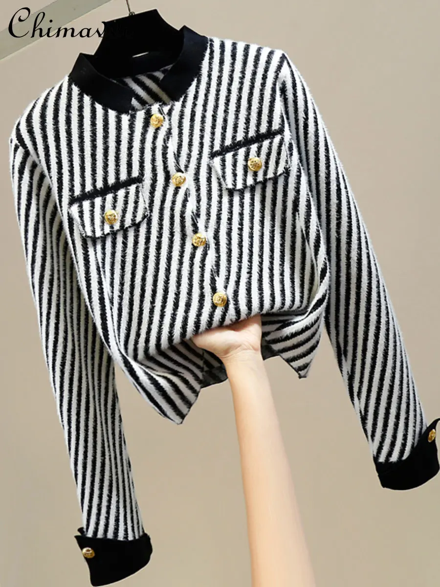 Fashion Color Contrast Stitching Design Faux Pocket Cardigan Heavy Metal Single-Breasted Diagonal Stripe Cropped Sweater Coat