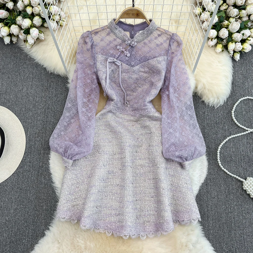 

Advanced Sense of Retro Temperament Bubble Sleeve Collar Beaded Embroidery Splicing Lace Waist a Tweed Dress