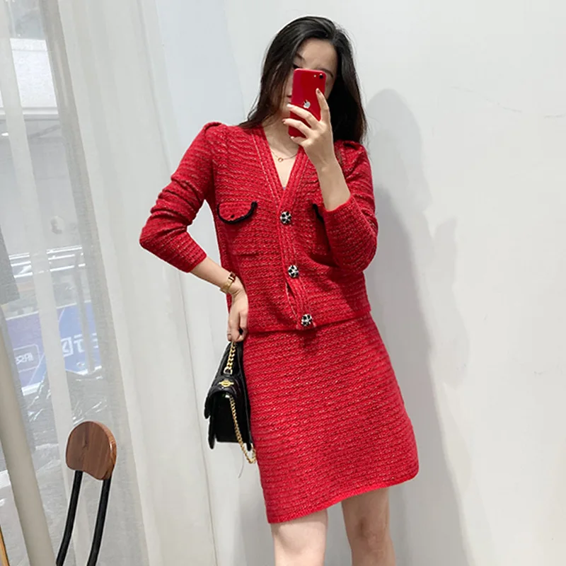 Wool V-Neck Knit Cardigan + Skirt Suit 2022 Fall New Button Tweed Knit Suit High Quality Free Shipping