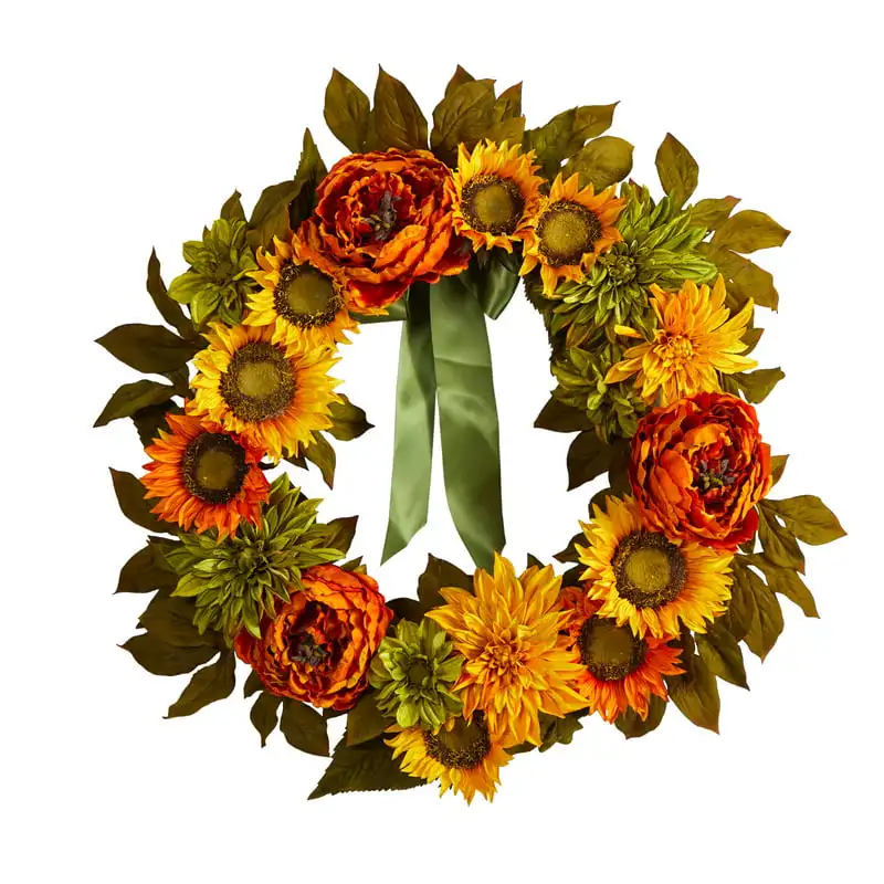 

All Occasion Peony Dahlia Sunflower Artificial Wreath, 24" (Multicolor)