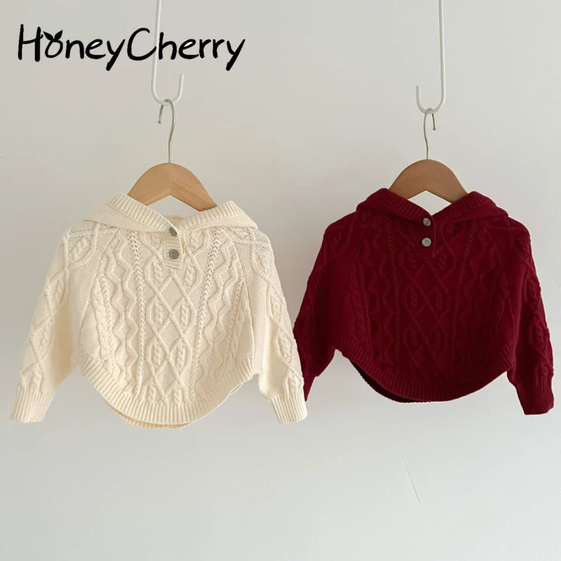 

HoneyCherry Autumn Girls Cute Hooded Sweater Shawl Cape Knit Pullover Jacket Kids Jackets For Girls