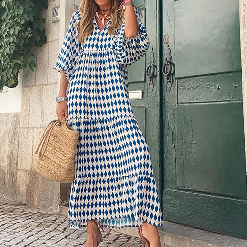 Women Dress Summer Puff Sleeve Boho V Neck Printing Long Dress Loose Holiday Beach Female Casual Floral Dresses Party Vestidos