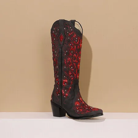 Женские ковбойские сапоги до колена в стиле ретро