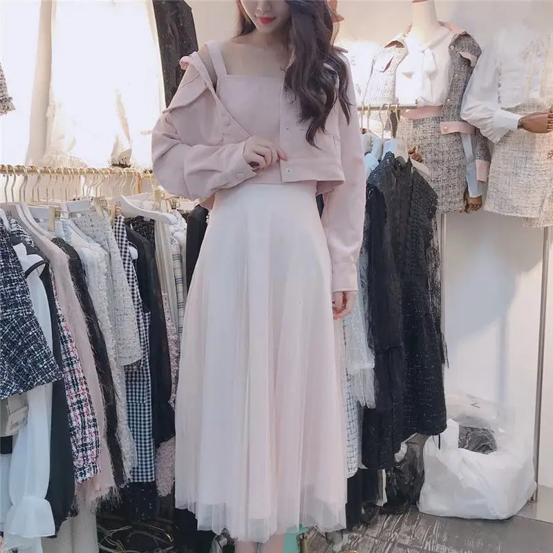 Spring and Autumn Fashion Women's Set Two Piece Temperament Dress 2023 New Versatile Coat Mesh Skirt Trend