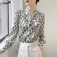 women bow neck chiffon black white print thin causal shirts loose long sleeve straight tops retro spring autumn clothing 2022