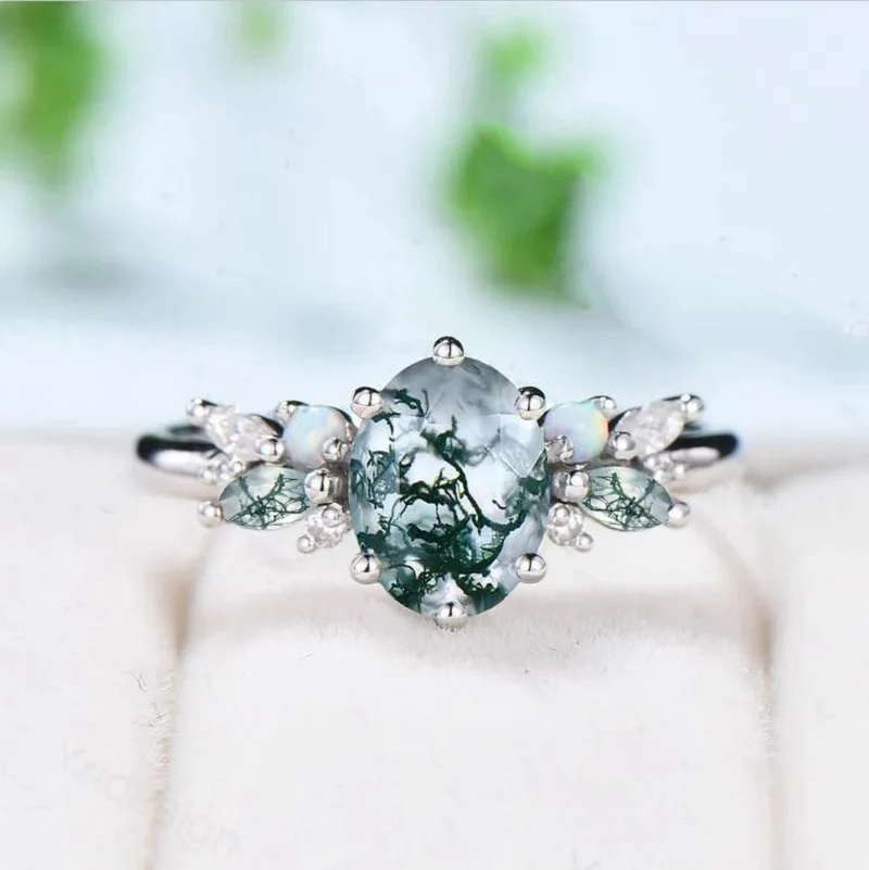 

Unique Women's Fashion Oval Cut Moss Agate Engagement Wedding Ring Elegant Nature Inspired Cluster Opal Promise Rings Jewelry
