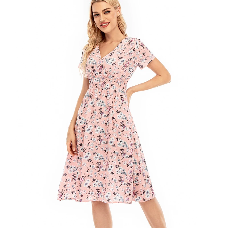 

Helisopus Women Summer Beach Sweet Chiffon Dress Casual Floral Long Dresses Elegant V Neck Short Sleeve Sundress for Party
