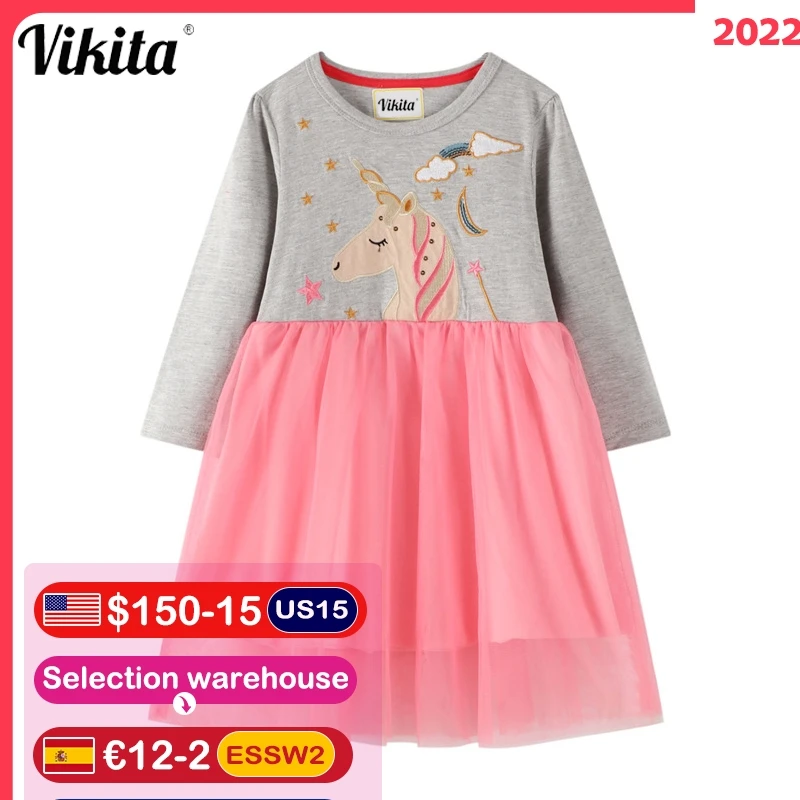 

VIKITA Kids Cartoon Dress Girls Unicorn Appliqued Dresses Baby Girl Princess Dress Party Costumes Autumn Long Sleeve Dresses