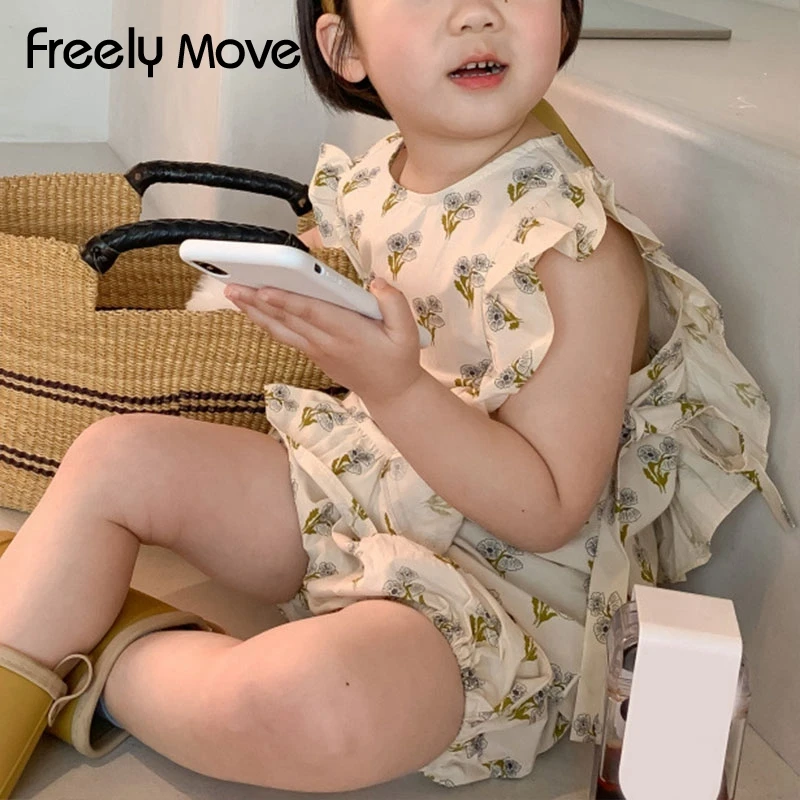 Freely Move Cute Girls Clothes Sets Floral 2Pcs Kids Ruffle Sleeveless Tank Top +Short Outfits for Girl Clothing Adorable Summer