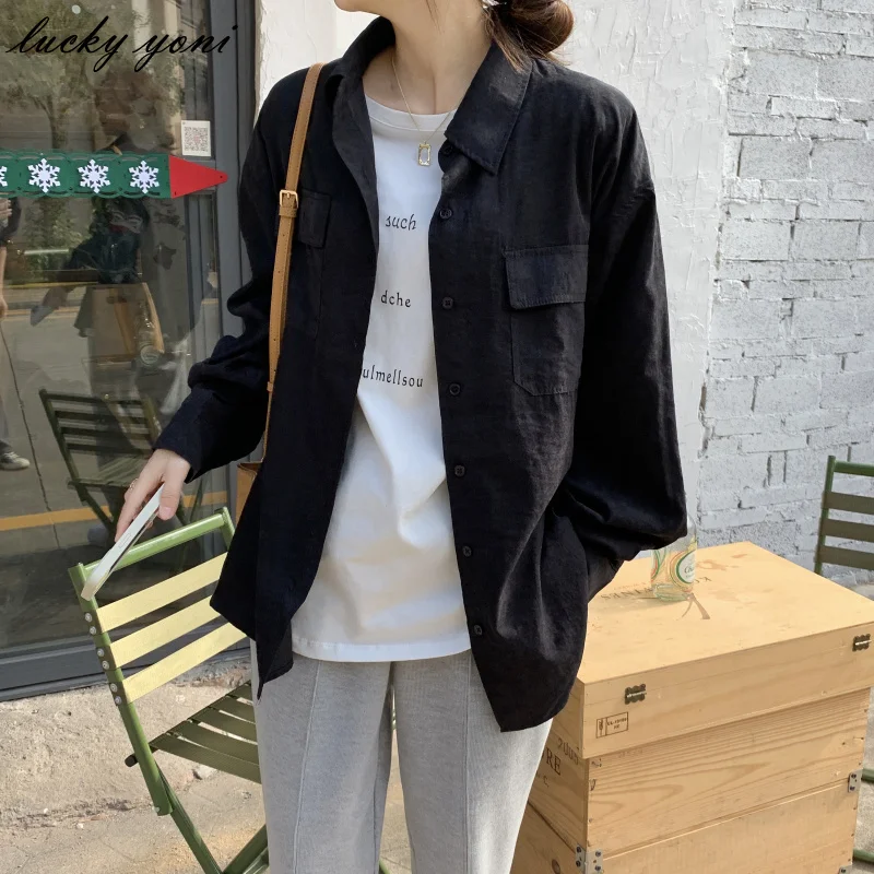 

Yoni Spring Korean Loose Blouse Women Loose Lapel Long Sleeve Black Shirts Female Casual Single Breasted Solid Tops Ladies