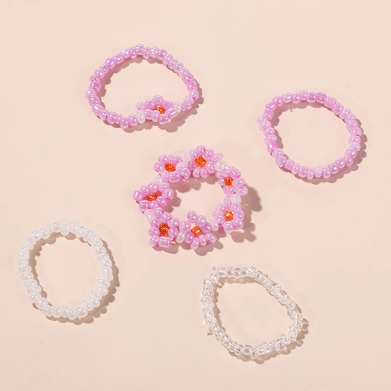 

2022 Summer Creative Fashion Bohemian Creative Handwoven Rice Bead Flower Ring Suit For Women New Statement Niche Cute Jewelry
