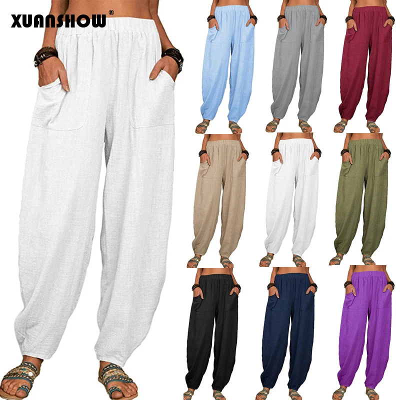 XUANSHOW Women's Cotton Linen Pants Pockets Solid Loose Casual Elastic Waist Harem Pantalones Baggy Bloomers Bottoms