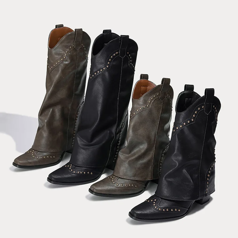Женские ковбойские сапоги до колена на высоком каблуке с заклепками