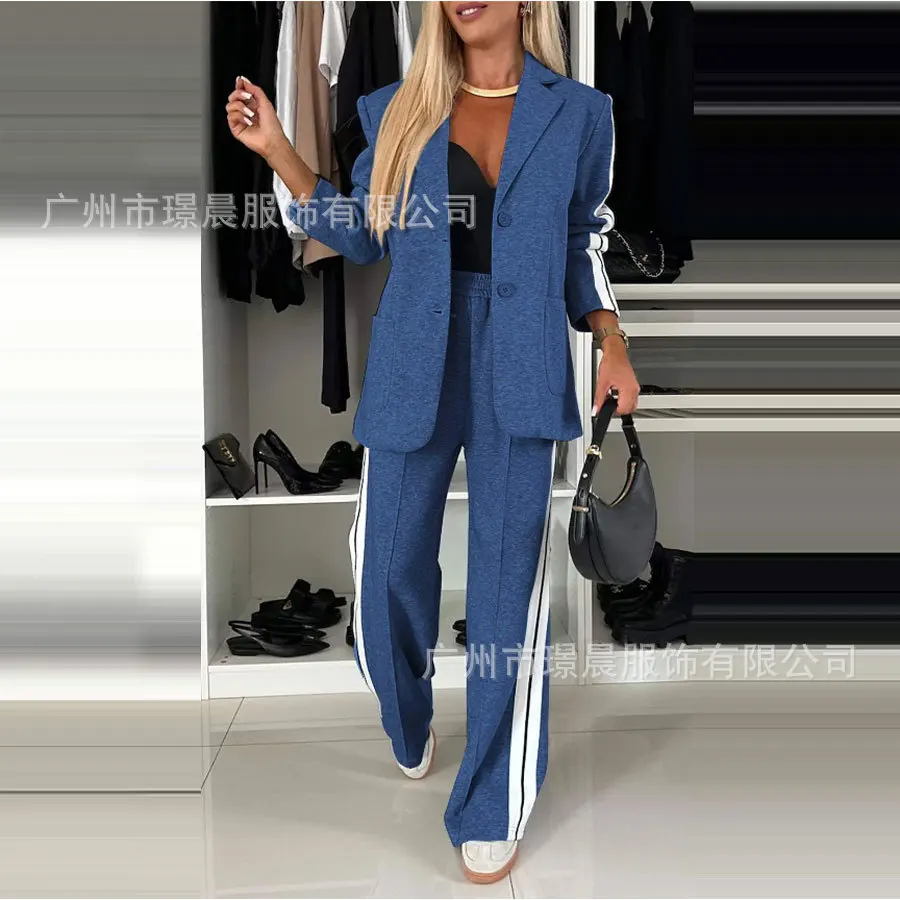 Женский повседневный полосатый костюм с короткими лацканами прямой брючный