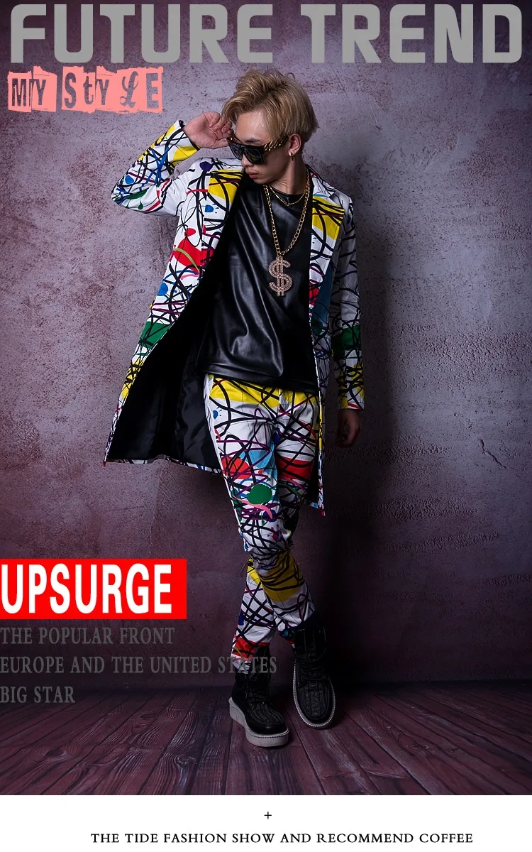 Мужской длинный пиджак с граффити модный костюм принтом в стиле хип-хоп для