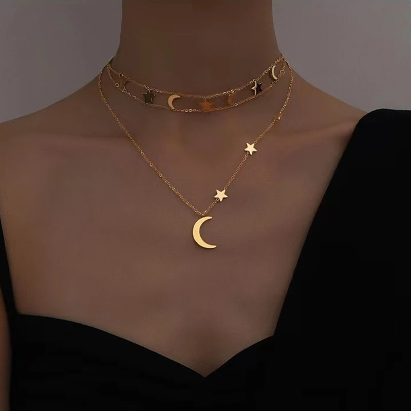

Fashion Vintage Necklace Senior Multi-Layer Star and Moon Choker Necklace For Party Sexy Collarbone Chain for Women Jewelry Gift