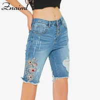 znaiml quality summer women straight blue wash denim knee length pants flower embroidery trousers skinny stretch ripped jeans