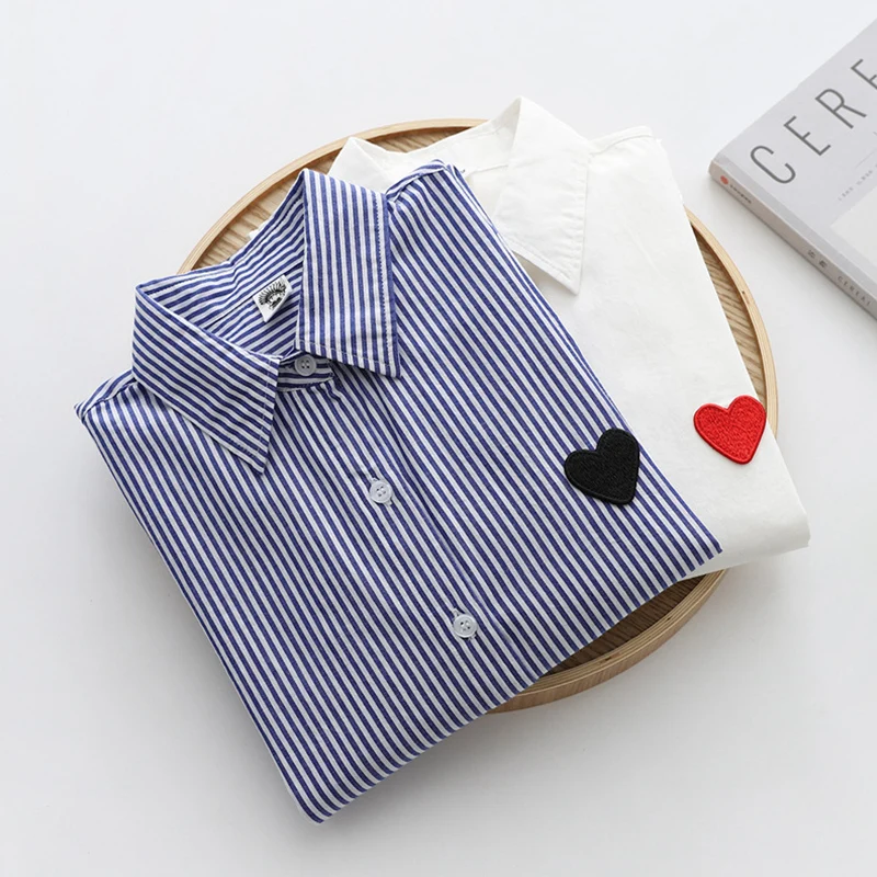 

Spring Sweet Hearted Embroidery Striped Shirt Women Turn Down Long Sleeved Single Breasted Casual Blouse Tops U344