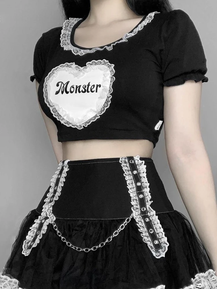 

2023 Black Gothic Tees Women Lace Patchwork Kawaii T-shirt Summer Bodyocn Cropped Tops Egirl Aesthetic Harajuku Grunge Goth