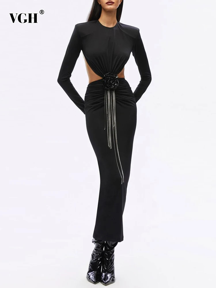 

Женское платье с открытой спиной, круглым вырезом и длинным рукавом