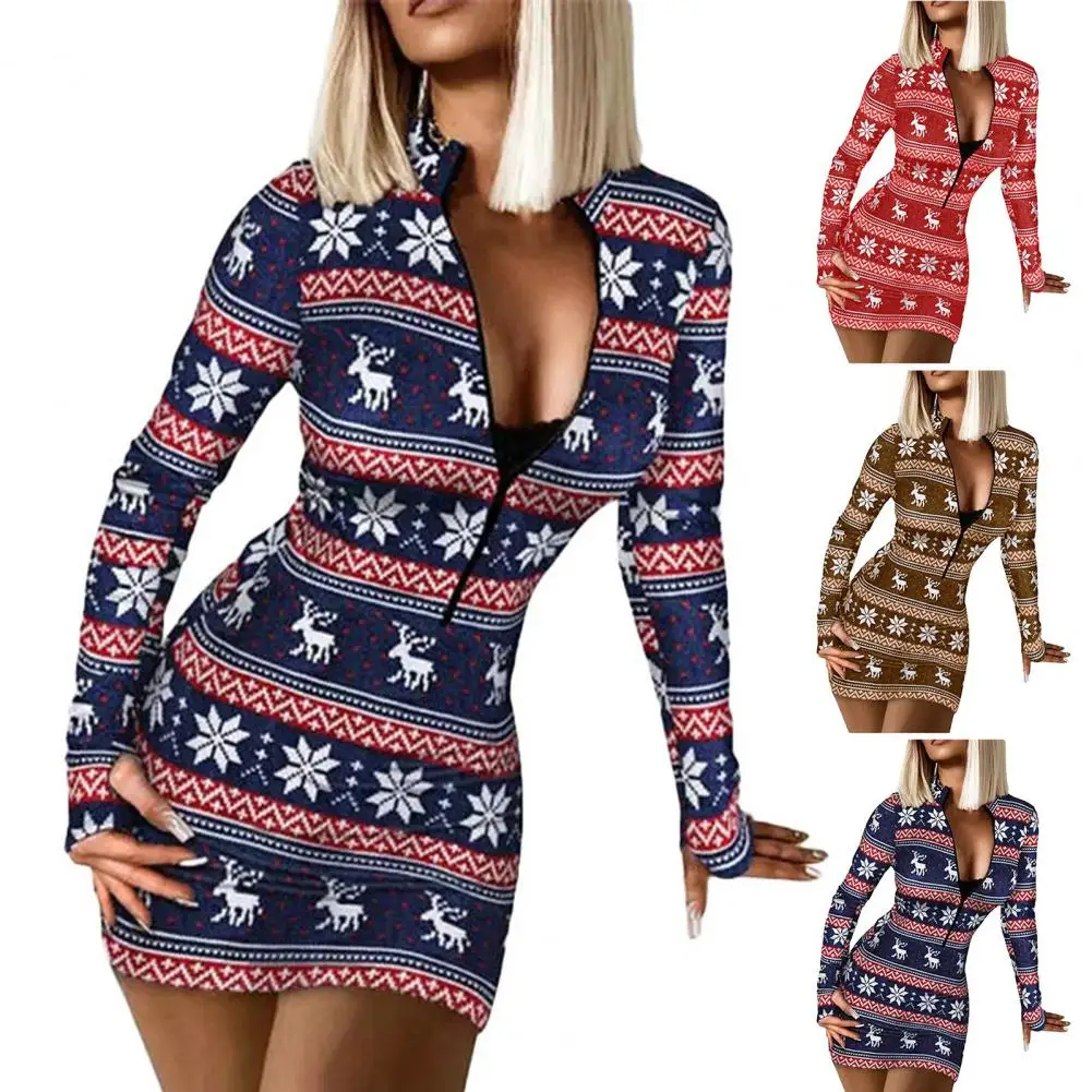 

Christmas Tight Dress Stand Collar Thumbhole Zipper Christmas Dress Reindeer Snowflake Print Bodycon Mini Dress For Xams Party