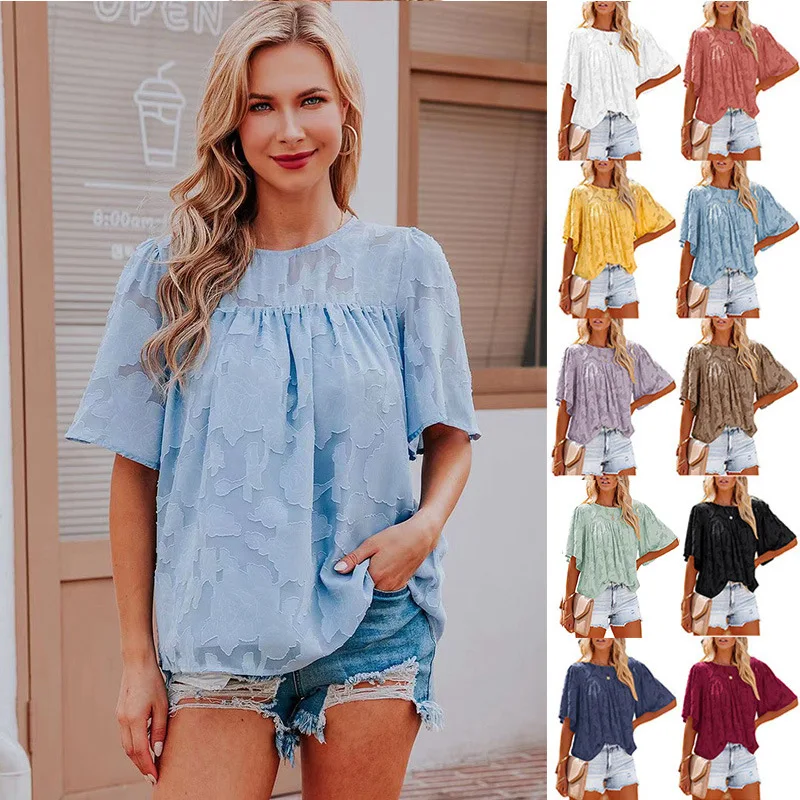 

Ladies Lace Blouse 2022 Fashion Short Sleeve Round Neck Chiffon Bloouse Women Loose Casual White Bloue Top