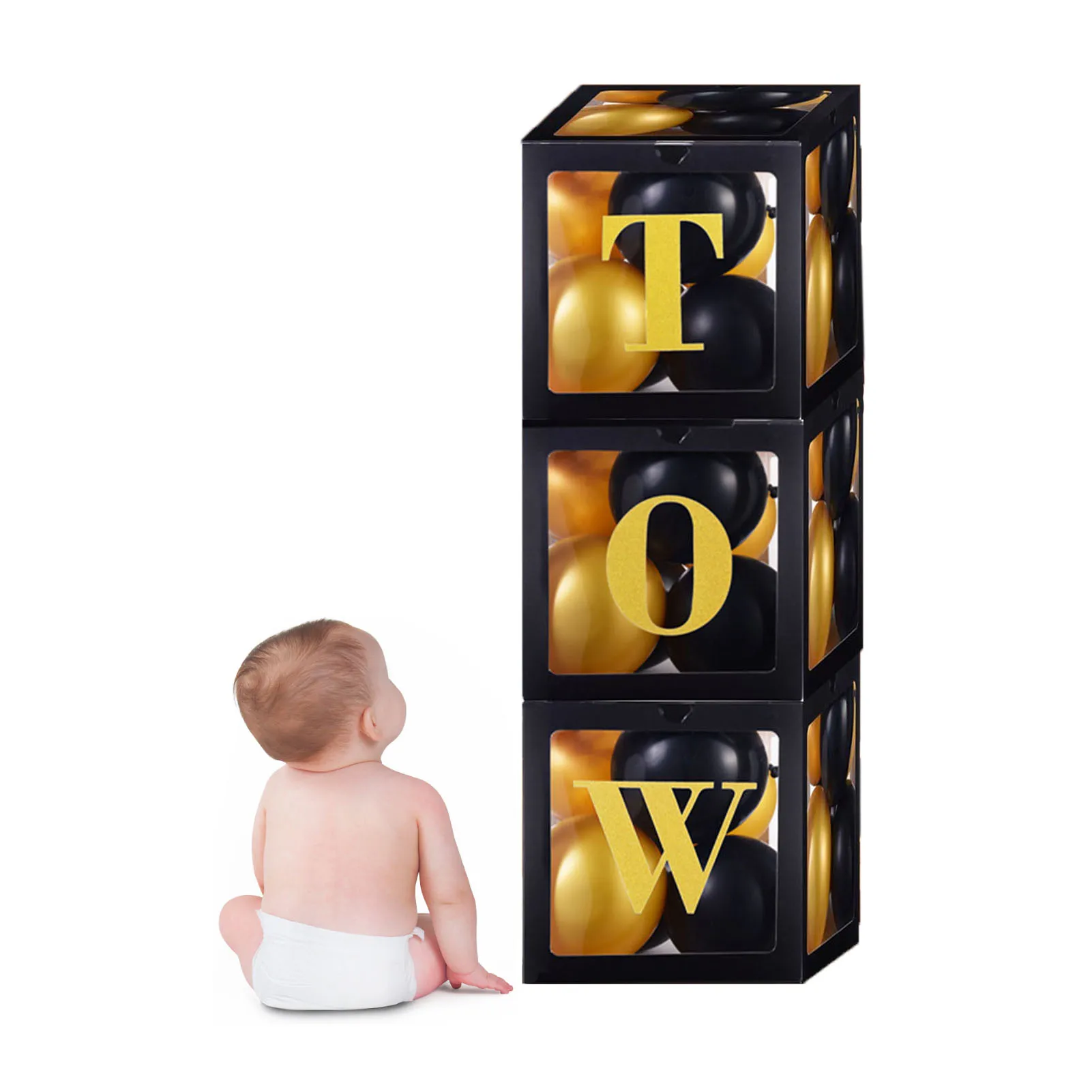 

2nd Birthday Balloon Boxes 3 Black Transparent Square Boxes With 18 Balloons Boys Girls Baby Birthday Party Decor Backdrop