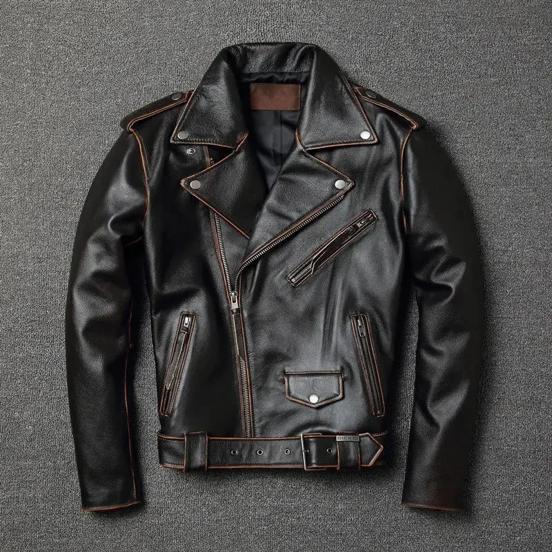 

Мужская кожаная куртка, коричневая Повседневная мотоциклетная куртка в стиле ретро, с скошенной молнией