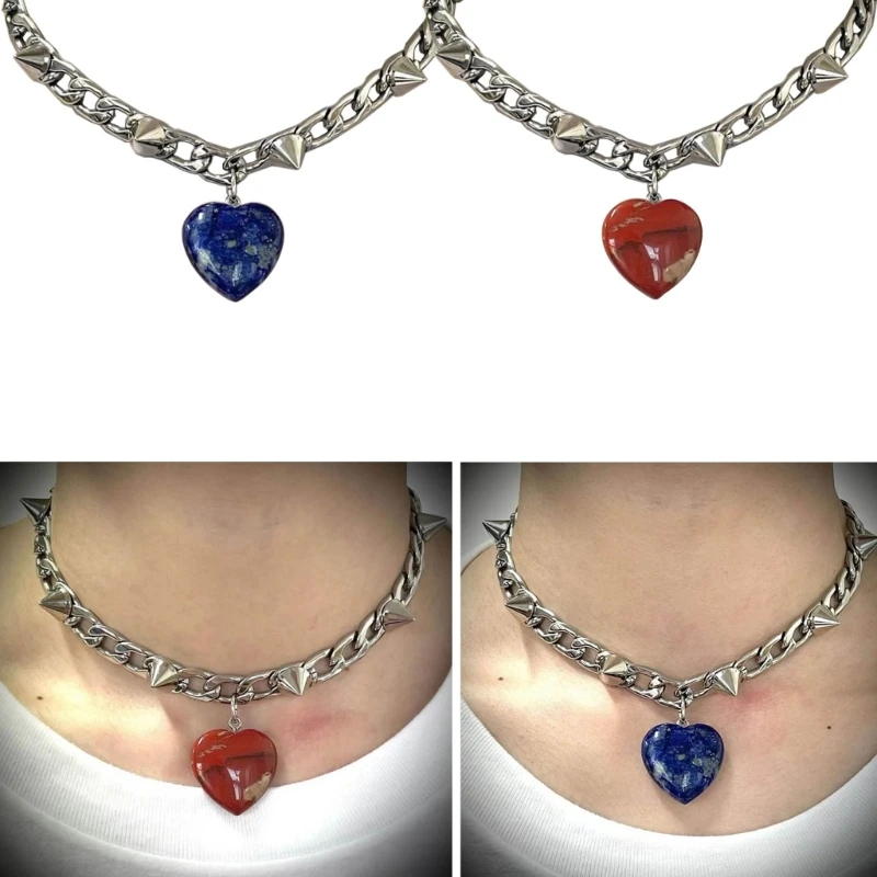 

Punk Rock Rivets Neck Chain Fashion Necklace with Natural Stone Heart Shaped Pendant Charm Gothic Neck Jewellery