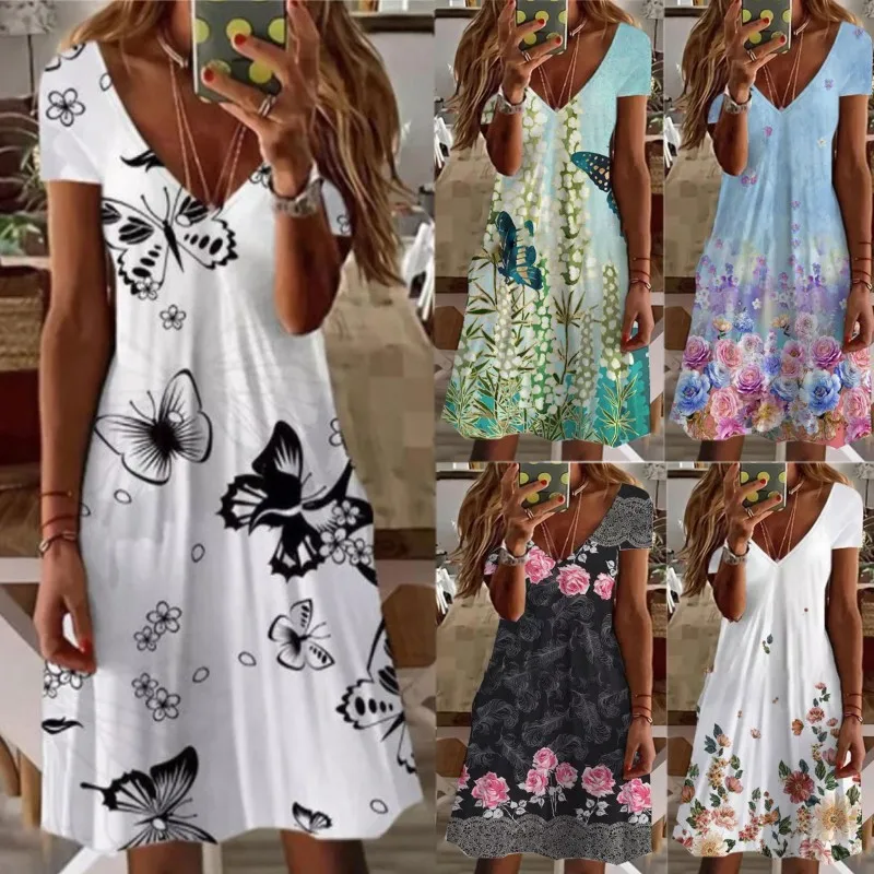 

Summer Dresses Women Vintage Printing V-Neck Short Sleeve A-Line Loose Boho Mini Dress Female Casual Beach Party Dress Vestidos
