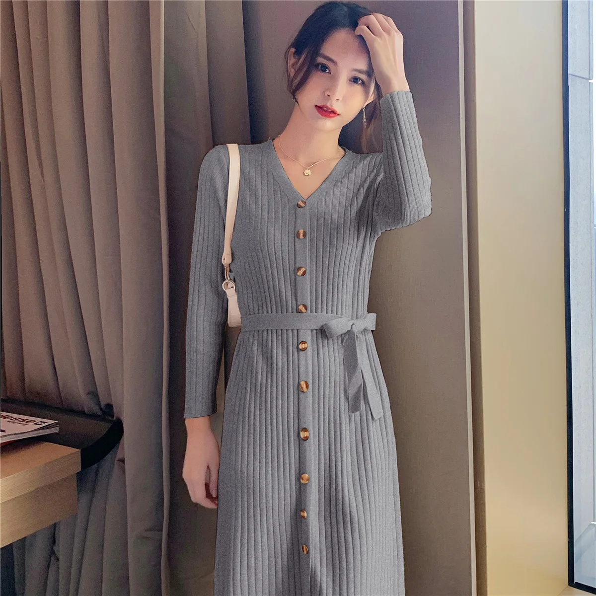 Long sleee -neck Midi Sweater Dress Women Thick knit Autumn Winter Dress Female Slim A-line Basic Solid Dress Casual
