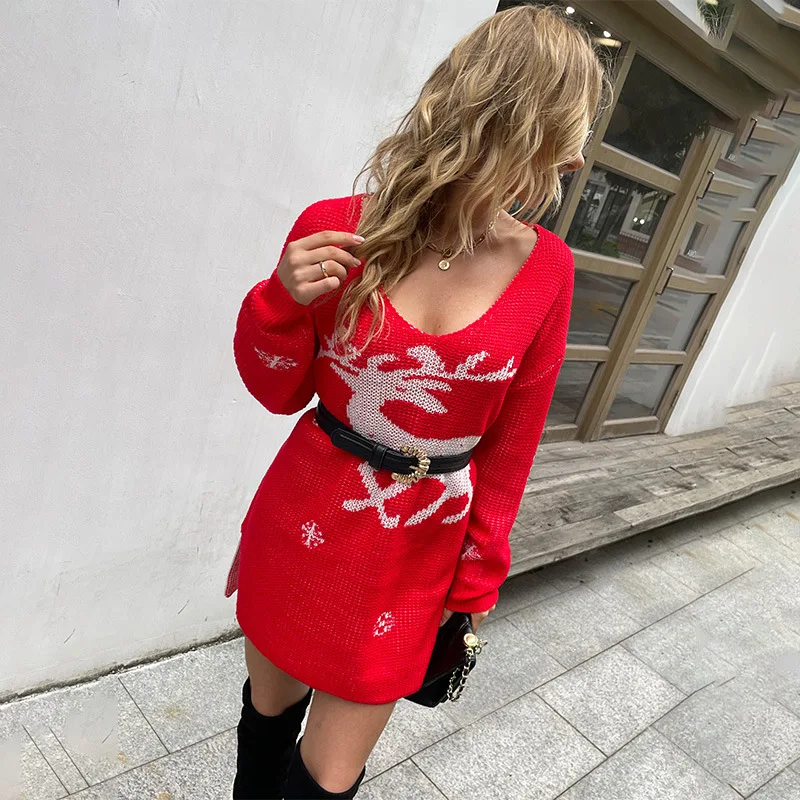 

Women's Sweater Christmas Dresses Knit Clothing V-neck Long Pullovers Korean Traf Clothes Y2k Woman Official Jumper Elk Print