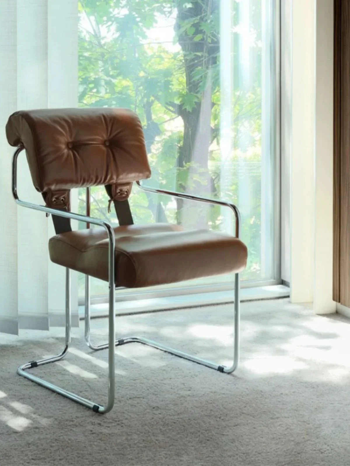 

Italian-Style Light Luxury Leather Soft Bag Dining Chair Stainless Steel Conference Room Chair French Retro