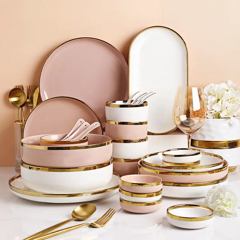 

От 1 до 8 личный белый и розовый с золотым ободком фарфоровая кухонная обеденная тарелка керамическая посуда набор блюд салатная лапша миска