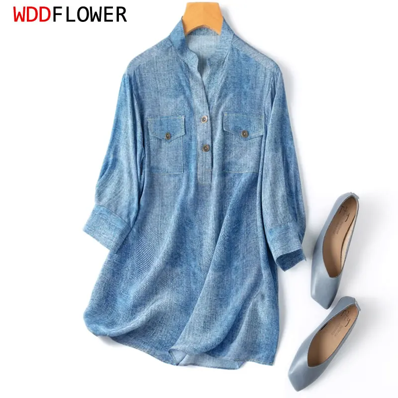 Women Silk Blouse 100% Mulberry Crepe Silk Blue Jeans Printed 3/4 Sleeve V Neck Pullover Top Shirt Office Lady Work M L XL MM869