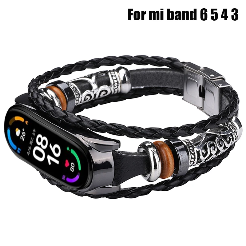Модный кожаный ремешок для Xiaomi mi Band 6 5 4 3 браслеты в этническом стиле часов ретро