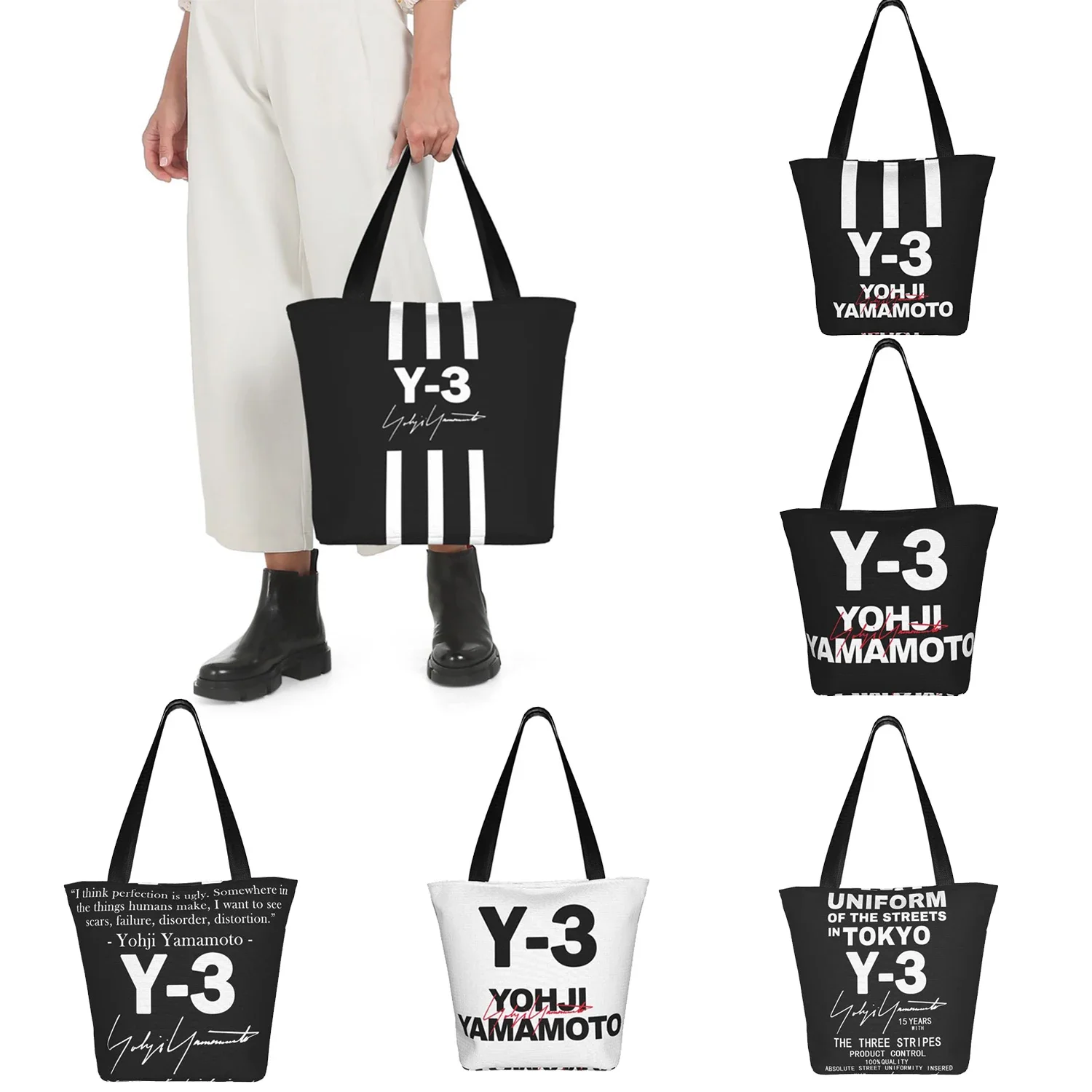 

Yohji Yamamoto Y3 Shopping Bag Accessories For Unisex Fashion 3Y Black Zipper Tote Bags with Inside Pockets Handbags