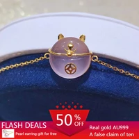 pure yellow gold 999 inlaid with natural high quality rose quartz lucky cat bracelet girls pink bracetets jewelry wholesales