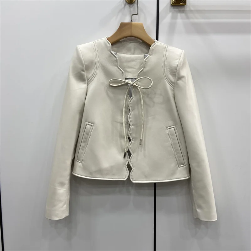 2022 New Real Sheepskin Leather Coats Female Women's Fashion Genuine Leather Motorcycle Jackets V Collar Outerwear With Belt