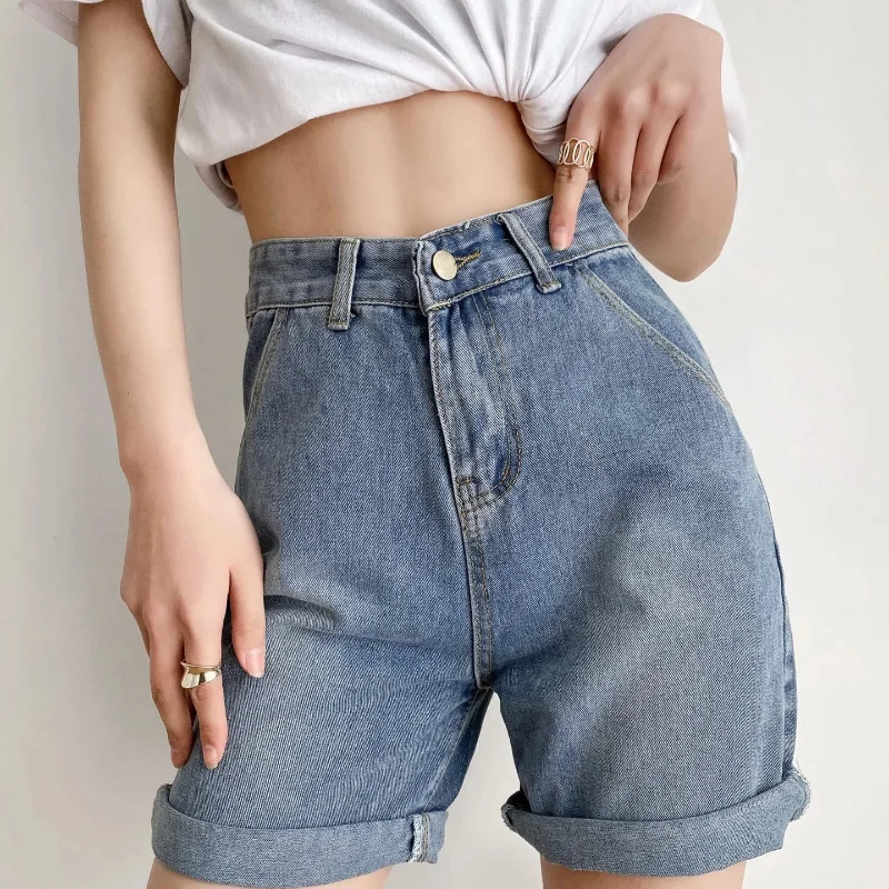 

Summer 2021 New Loose Korean Fashion Y2k Straight Short Pants Blue Thin New Women's Clothes High Waist Vintage Denim Shorts Chic
