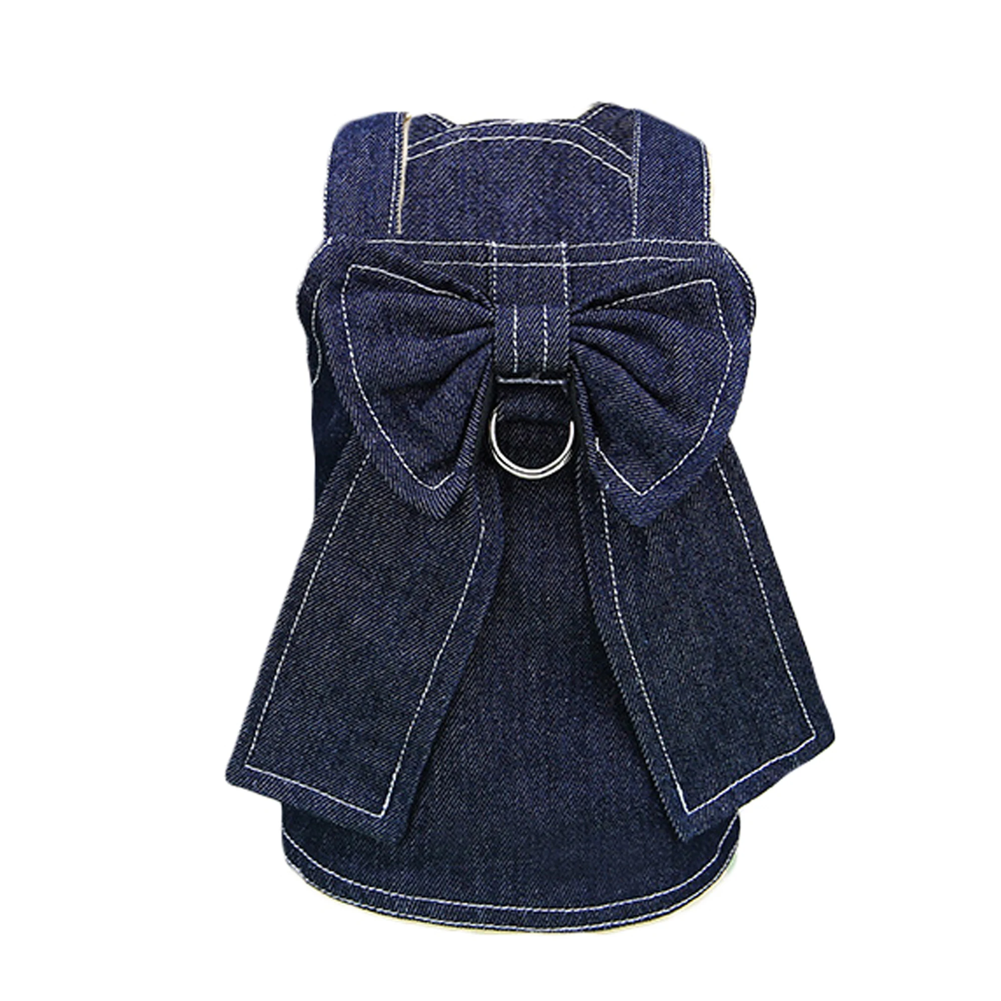 

Adorable Pet Outfit Set Denim T-shirt Princess Dress Bowknot and Training Leash Buckle - Perfect for Spring and Summer