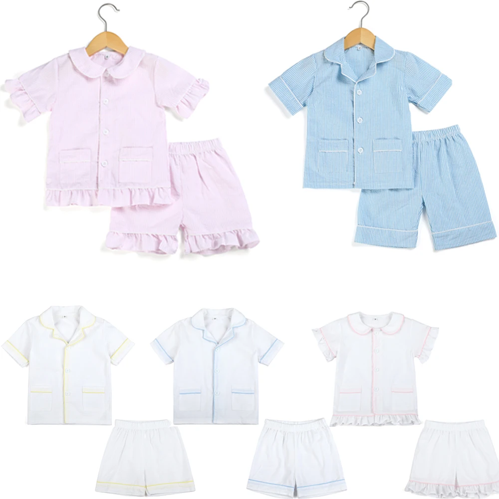 

Children Pajamas 100% Cotton Girls Clothes Seersucker Long Sleeve Pajamas Pants Boys Home Wear Four Seasons