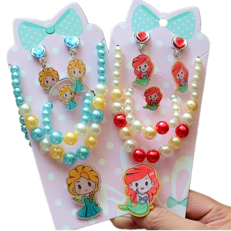 

Disney Frozen Children's Necklace Bracelet Ring Ear Clips Girl Jewelry Princess Earrings Girls Baby Cartoon Earrings Jewelry Set