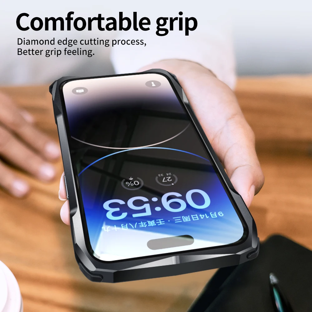 Luphie Metal Bumper For iphone 14 Pro Max Lightweight Aluminum Alloy Frame 14Plus 13 Shockproof Case Back Skin+Lens Protector