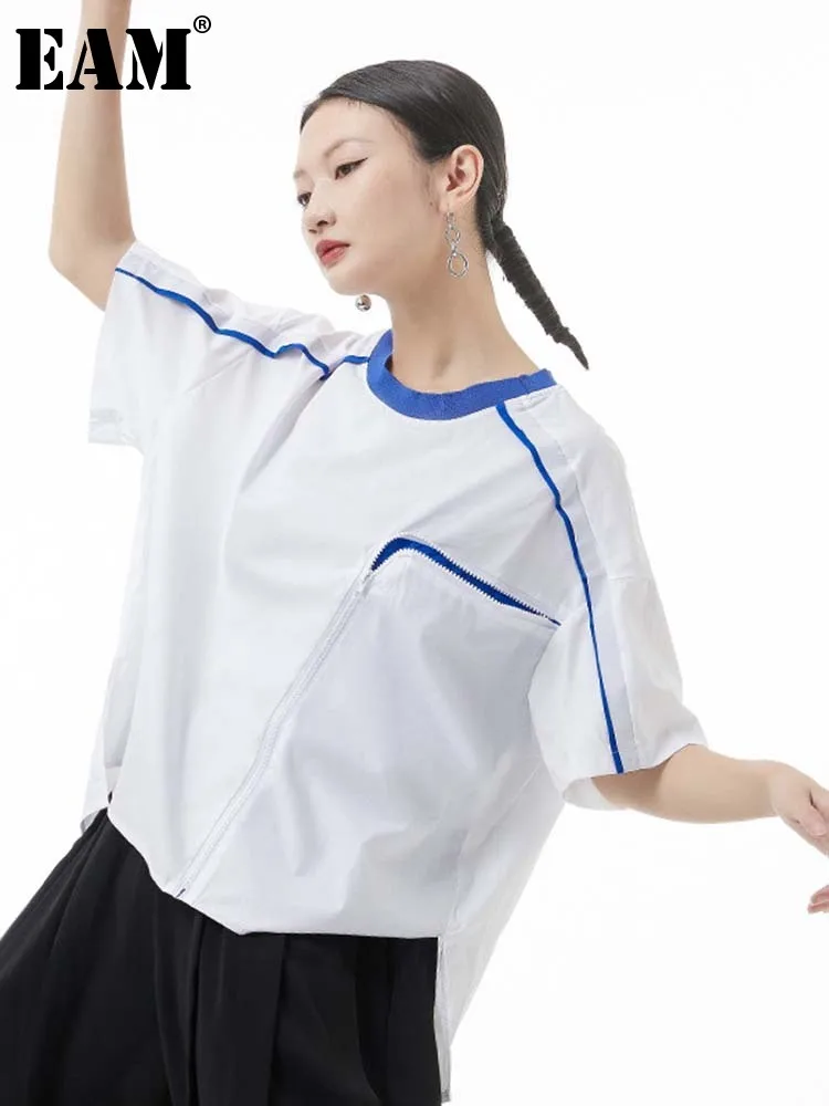 

[EAM] Women White Color-block Big Size Casual T-shirt New Round Neck Half Sleeve Fashion Tide Spring Summer 2022 1DE9185