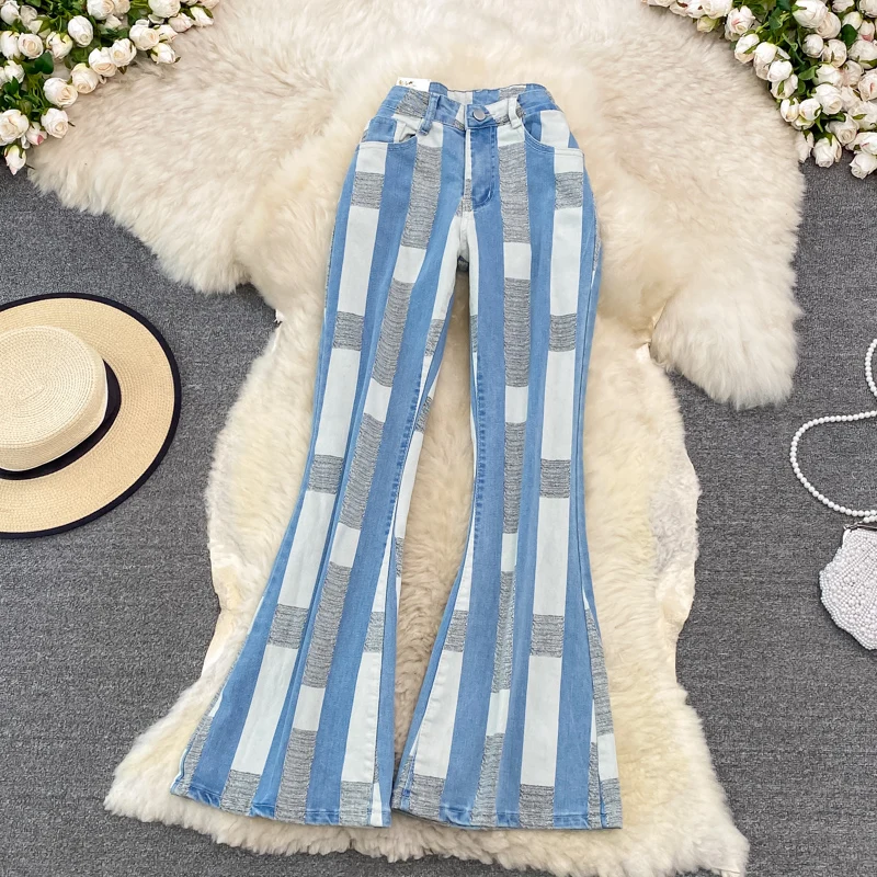 

2022 Весенние Новые контрастные микро-расклешенные джинсы с высокой талией, модные облегающие Ретро Висячие микро-роговые штаны длиной до пола для отдыха