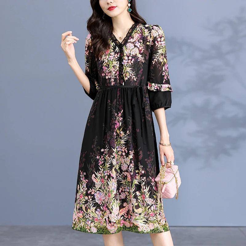 2023 Spring Summer Women's Black Floral Dress A-line V-neck Elegant Vintage Dresses For Women 100% Real Silk Woman Long Dress