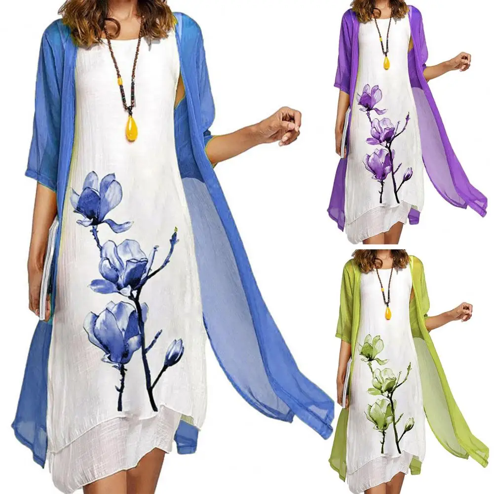 

Женское платье, комплект пальто, шикарный комплект из двух предметов с цветочным принтом, платье-жилет с асимметричным подолом, элегантная шаль с рукавом до локтя, весна-осень