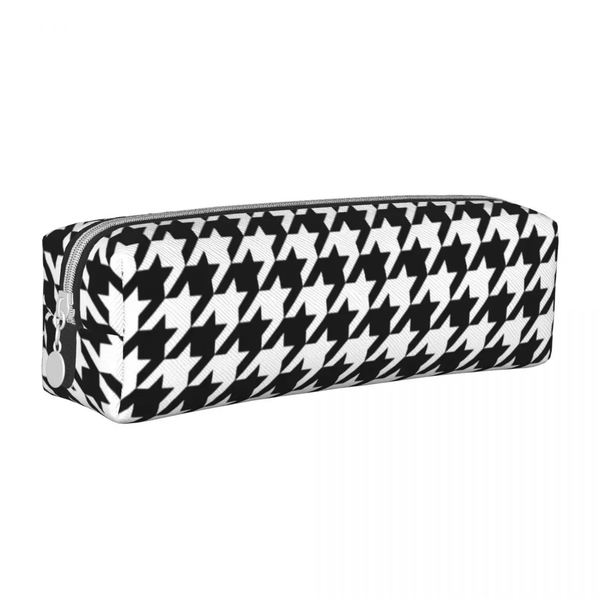 

Houndstooth Print Square Pencil Case Black And White Classic Print Girls Boys College Leather Pencil Box Kawaii Zipper Pen Bag