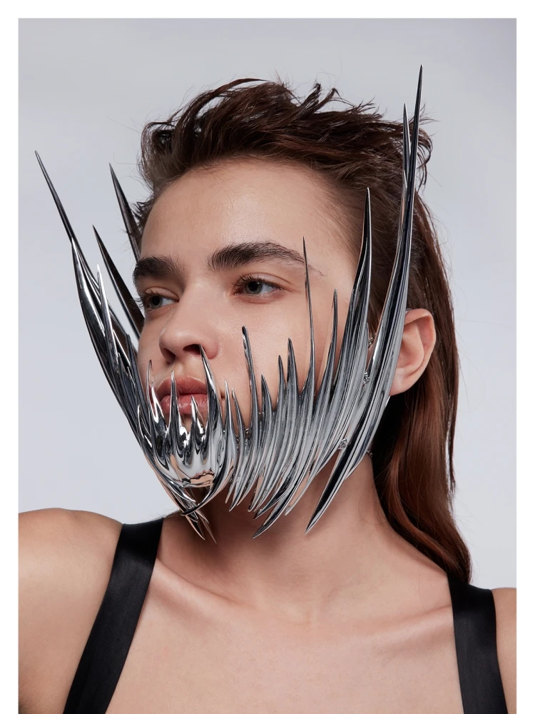 Luxury Cyber Punk Rock Mask Liquid Irregular Silver Color Hollow Exaggerate Facial Earring For Women Men Party Perform Jewelry